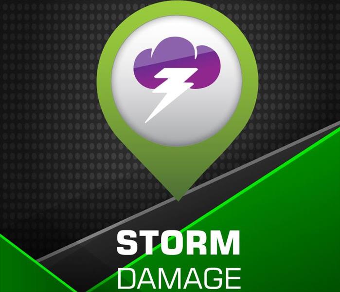 Storm Damage Icon and words on black and green background